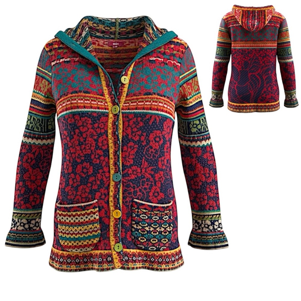 IVKO Wool Knit Jacquard Hooded Button Down Sweater Jacket Sz L
